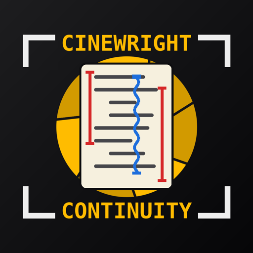 The Cinewright Continuity icon: a script page with red lines and a blue squiggle over the lens iris